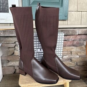 Newbella Chunky  Heel Stretch Sock Like Below The Knee Boot Brown  Women 10 NWB